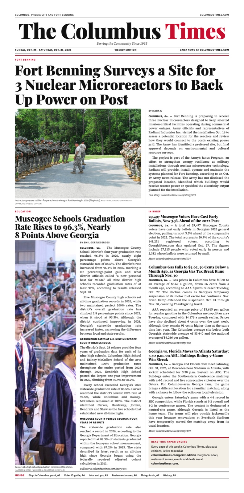 Front page of The Columbus Times, Sunday, Oct. 25 - Saturday, Oct. 31, 2026