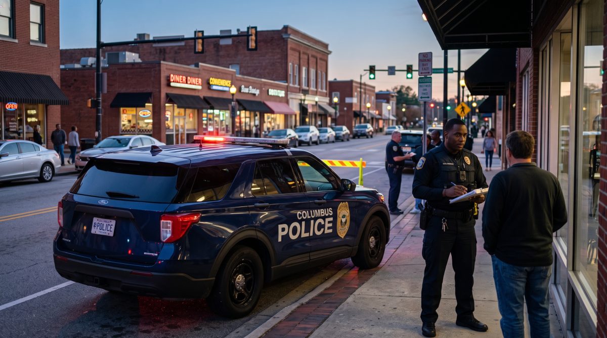 A police officer speaks with a local store owner on a commercial street in Columbus, Georgia, while taking down information for an incident report. Property crime, led by theft, continues to account for nearly 80% of serious offenses reported across the city in 2026