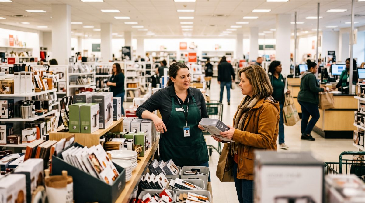 A retail associate assists a shopper in a Columbus store as local employers recruit seasonal staff ahead of peak late-2026 hiring schedules. Starting hourly pay for advertised holiday positions in the area ranges from $8.50 to $18.20