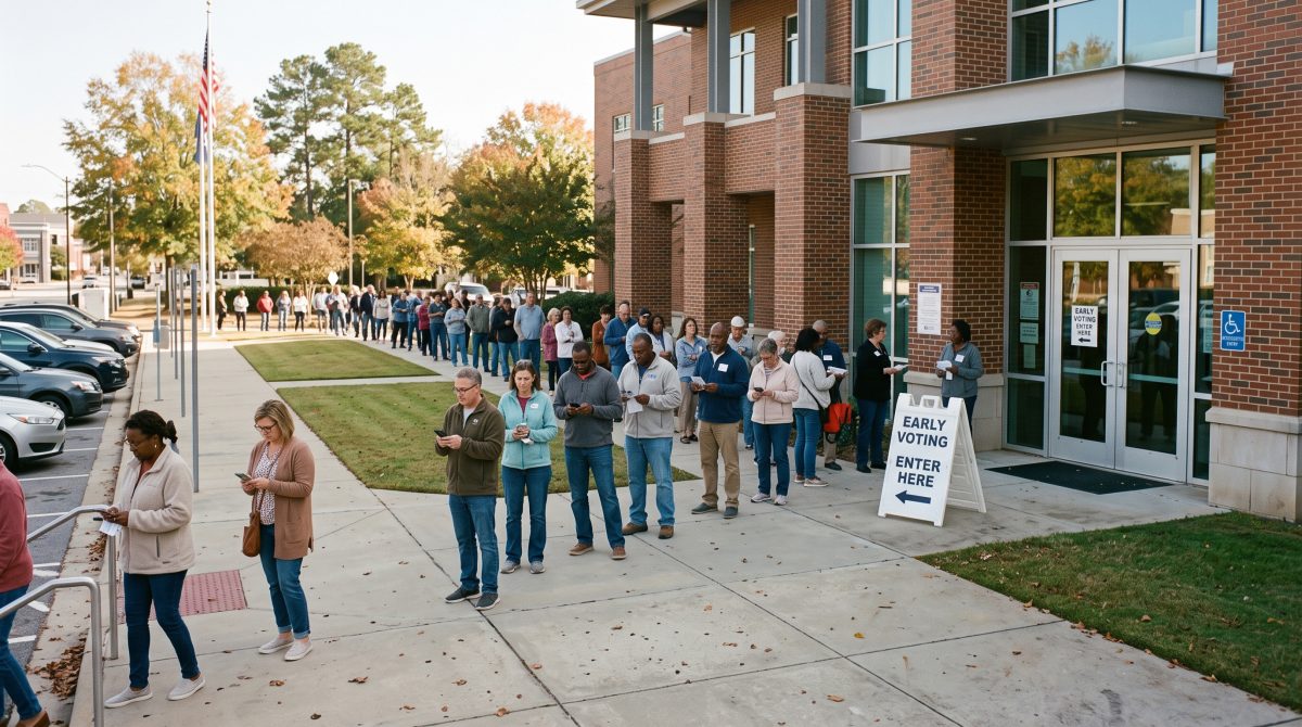 Voters wait in line outside a Columbus early voting location for the November 2026 local elections.