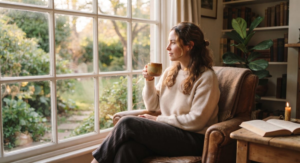 A woman sitting quietly by a window with a warm drink, reflecting on personal boundaries and mental well-being.