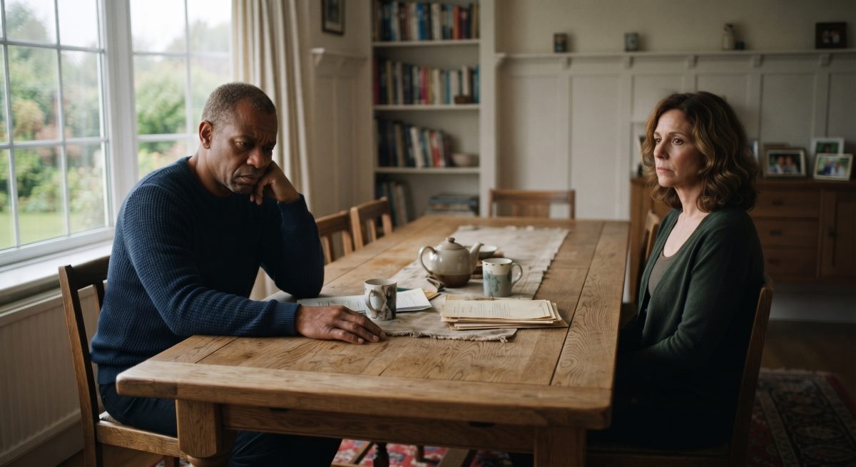 Adult siblings seated at a dining table with estate papers, reflecting the emotional distance and difficult family conversations that can follow the loss of a parent.