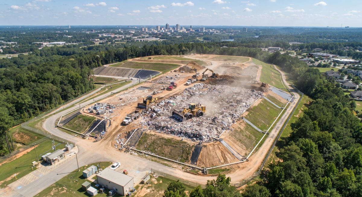Heavy equipment operates at the city-run Pine Grove Municipal Landfill in Columbus, managing thousands of tons of residential and commercial waste under strict environmental oversight by the Columbus Consolidated Government
