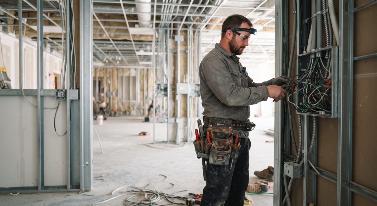 An electrician working on commercial wiring during a building renovation, highlighting the growing value of hands-on technical skills in an automated economy.