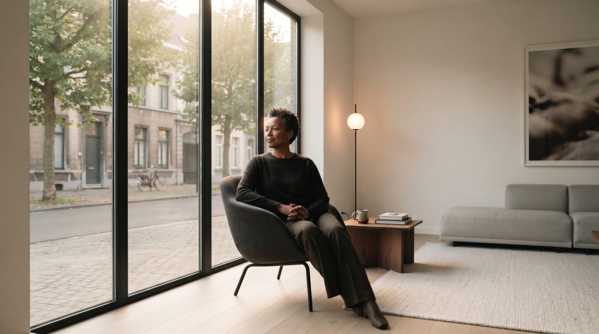 A 50-year-old Black woman sitting quietly in a modern armchair by a large window, reflecting on personal connections and life after 40.