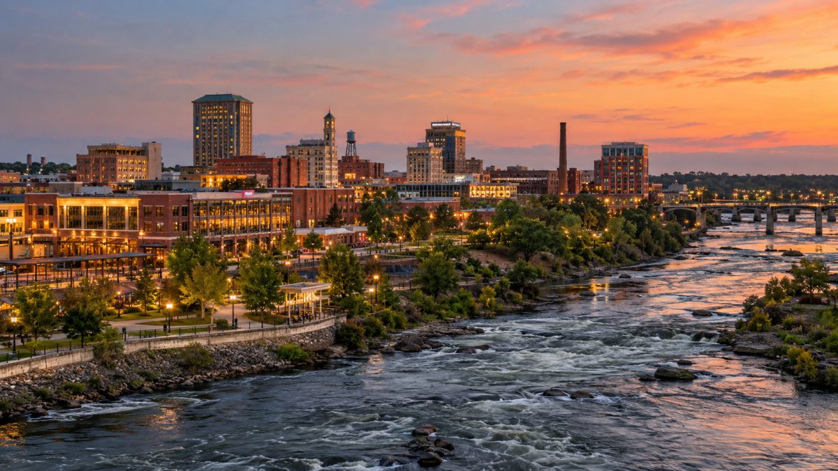 A view of downtown Columbus and the Chattahoochee River highlights the city’s potential for growth and a better quality of life and illustration.