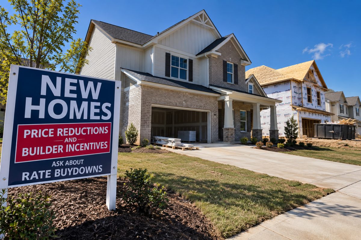 A newly built home advertises price reductions and incentives as rising mortgage rates and weakening buyer demand pressure the U.S. housing market.