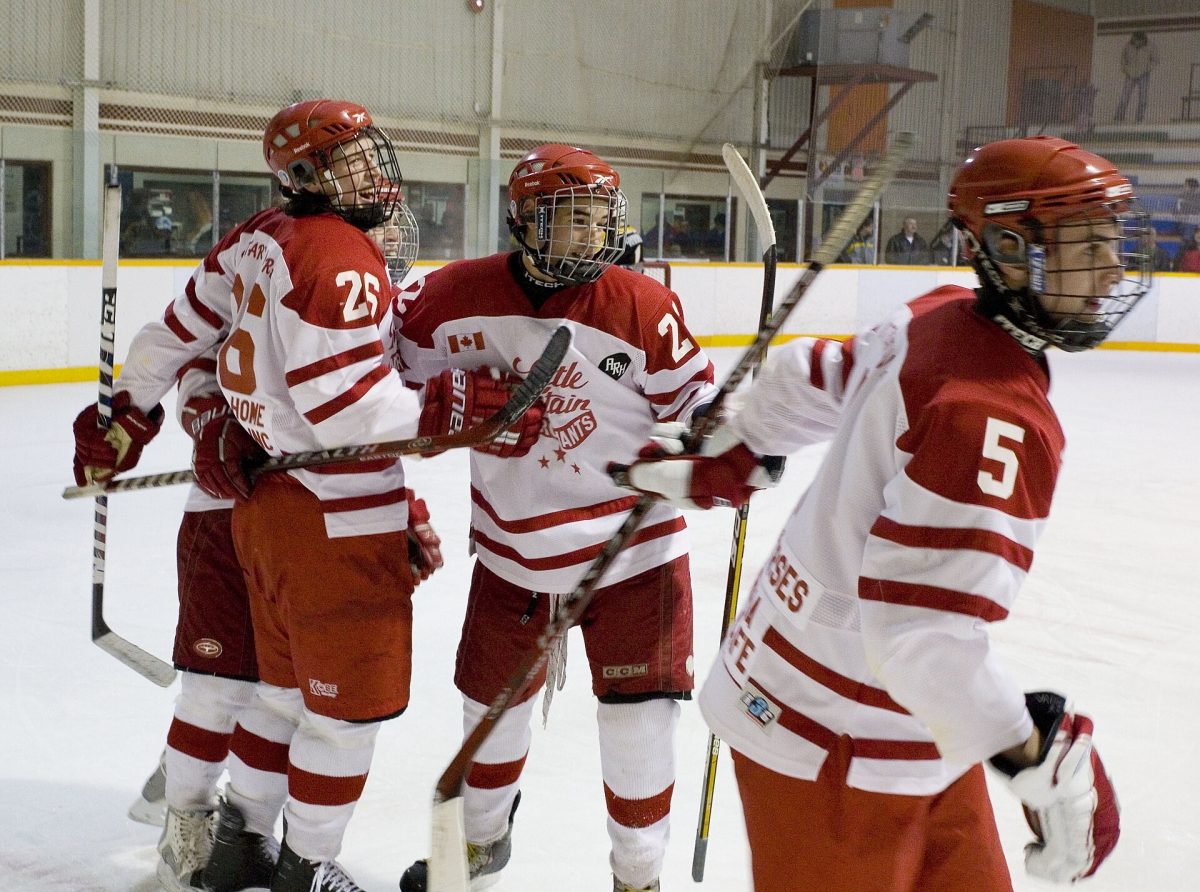 Players celebrate a goal in a junior hockey game in Ontario (file photo).