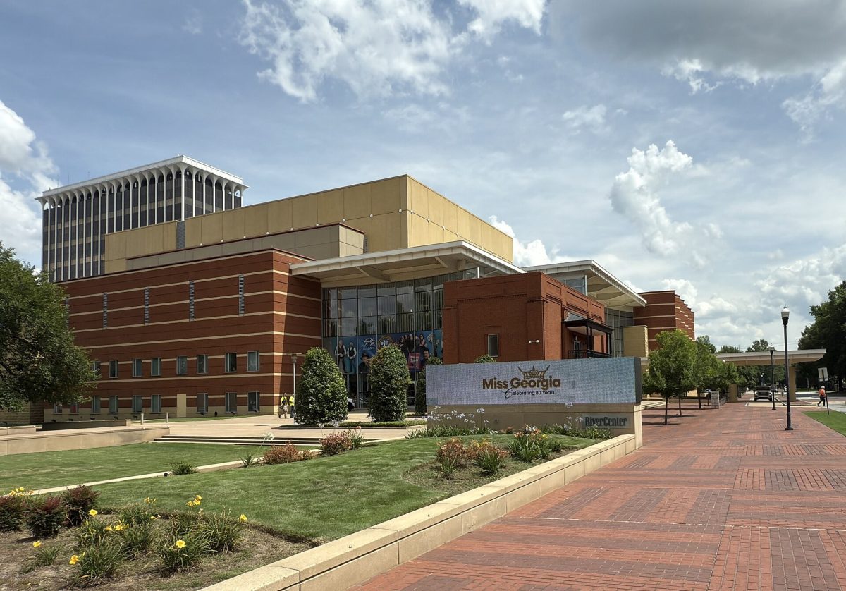 The RiverCenter for the Performing Arts on Broadway. The free RiverCenter parking deck is next door at 919 Broadway.