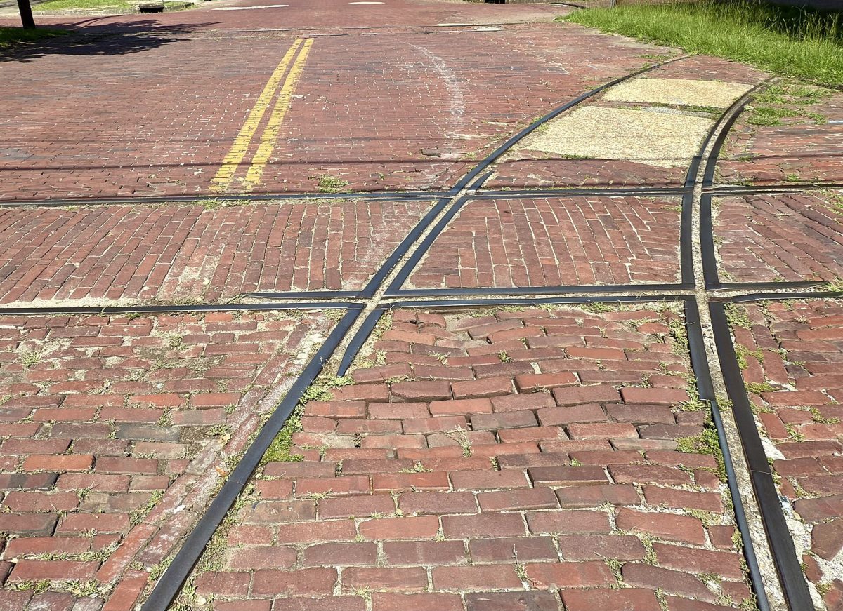 Old streetcar tracks at Broadway and Eighth Street in Uptown Columbus.