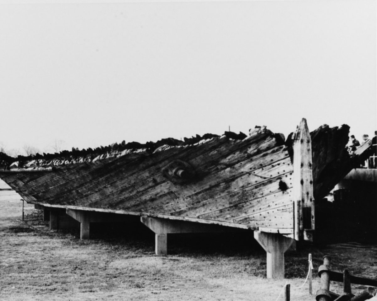The hull of the CSS Jackson, also called the Muscogee, on display in Columbus in the mid-1960s.