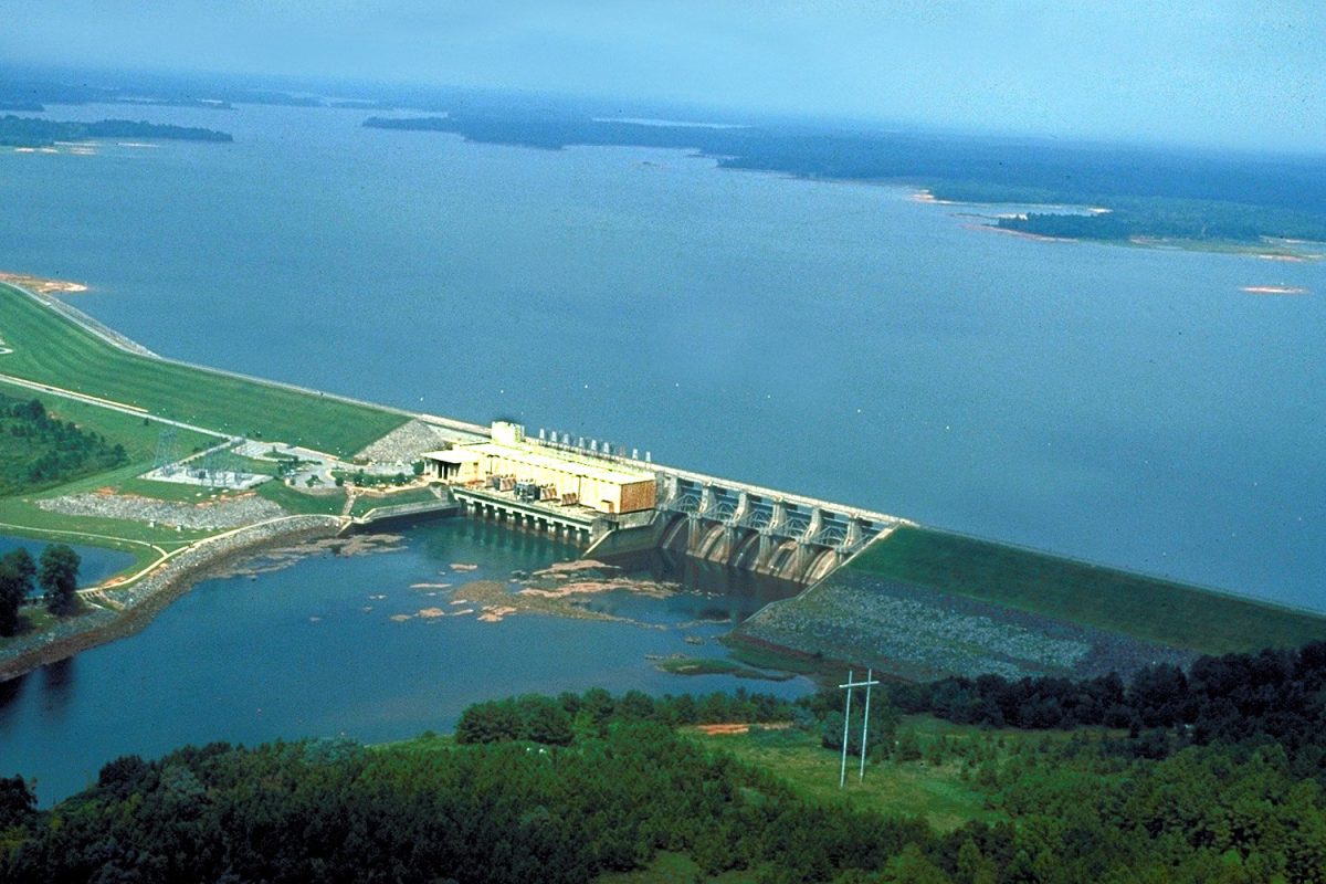 West Point Dam and West Point Lake on the Chattahoochee River, in a 1987 U.S. Army Corps of Engineers photo.
