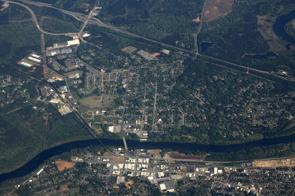 An aerial view of West Point, Ga., and Lanett, Ala., on the Chattahoochee in 2018.