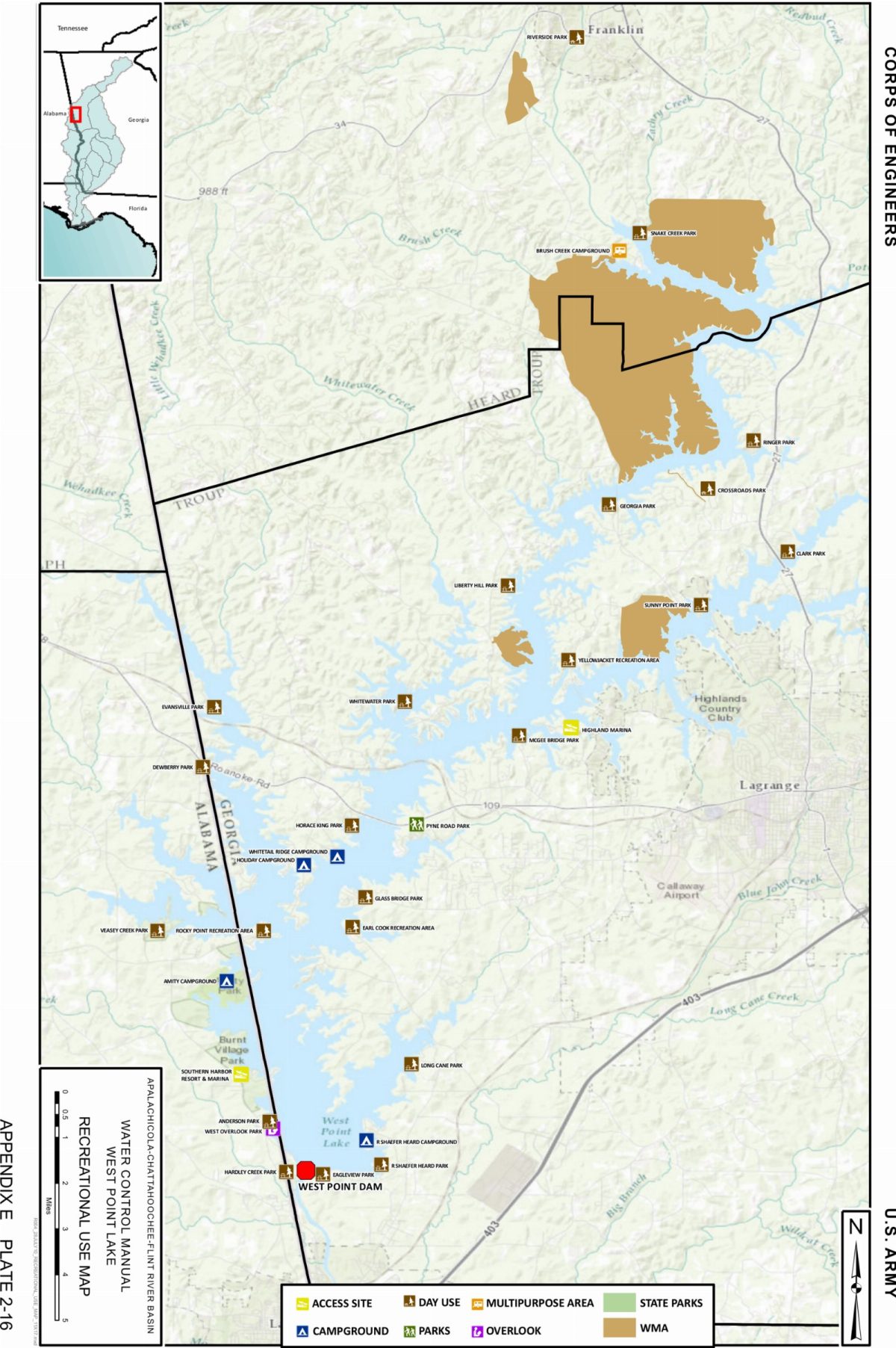 A U.S. Army Corps of Engineers map of public access areas on West Point Lake.