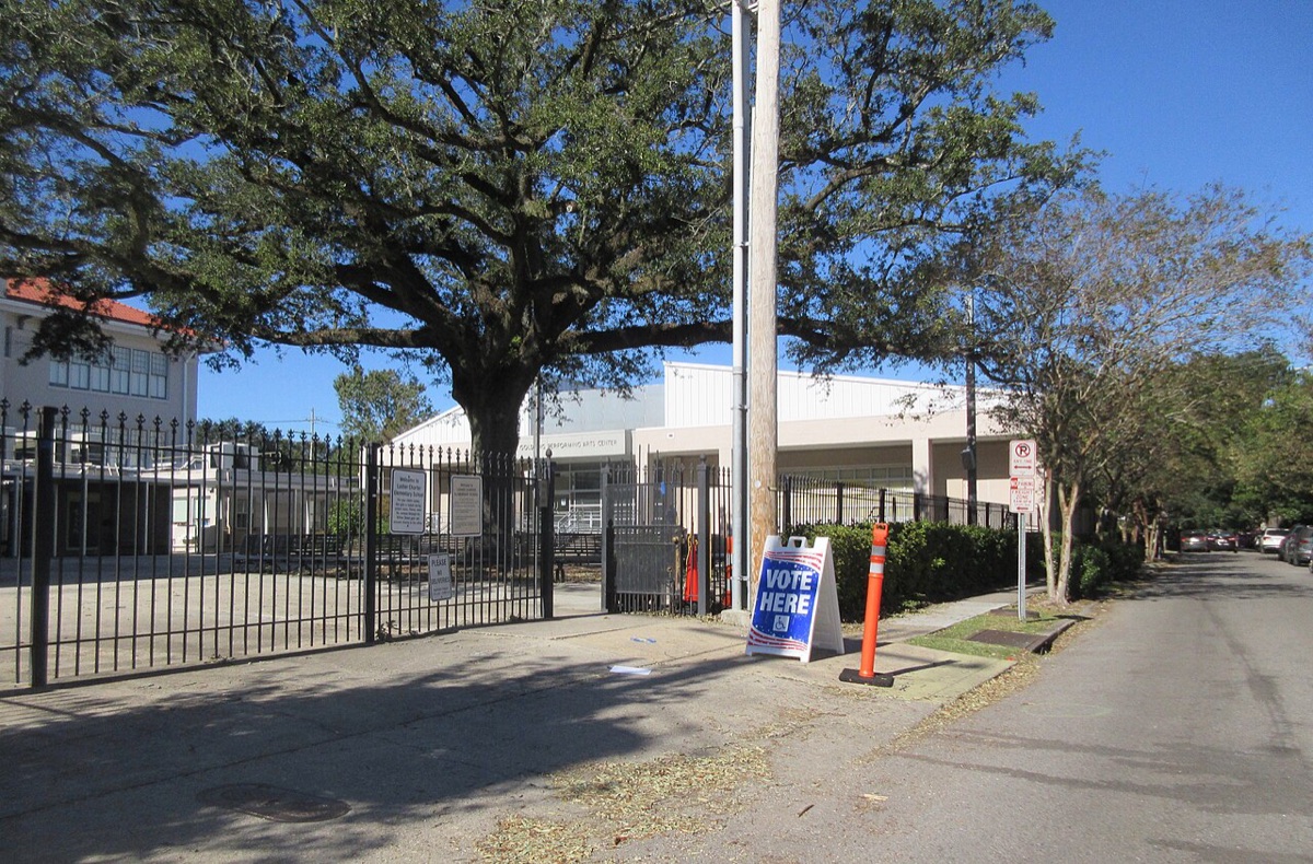 A Vote Here sign outside a school used as a polling place on Election Day 2020 in New Orleans, Louisiana (file photo).